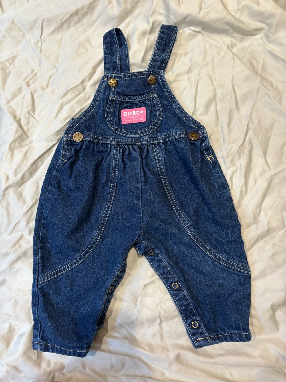 Vintage OshKosh B'gosh Dark Blue Denim Overalls with Pink Logo Patch